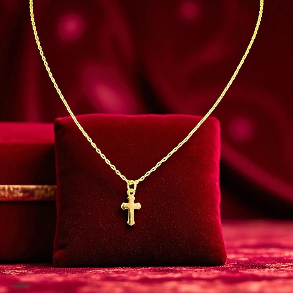 Gold Plated Dainty Miniature Cross Pendant Necklace Signed SN 15” Length Vintage